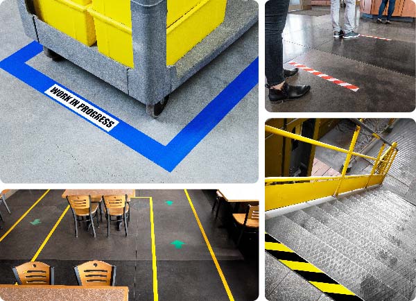 A collage of images featuring ToughStripe Vinyl floor tape. Upper left: tape is applied to the floor in a square to indicate where a cart should be placed. Upper right: two-foot lines of tape spaced six feet apart from one another indicate where people should stand in line to maintain social distance. Lower left: yellow tape and green directional arrows show which direction people should walk. Lower right: yellow and black striped tape is placed across the edge of a stair flight's top step to indicate the need for caution.