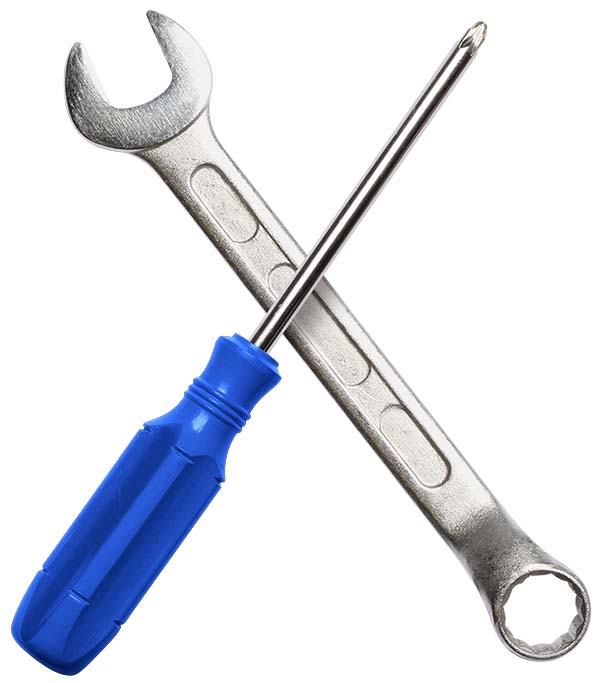 A screwdriver and a wrench crossed to form an X.