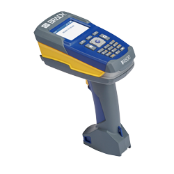 A Brady V4500 wireless industrial barcode scanner with the screen illuminated.
