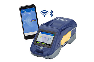 A phone and a Brady printer next to each other. There are bluetooth and wifi symbols indicating different ways the two devices can communiate.