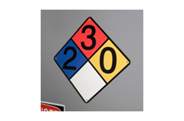 A Right to Know label. It's diamond-shaped and split into 4 quadrants: red, yellow, white, and blue.