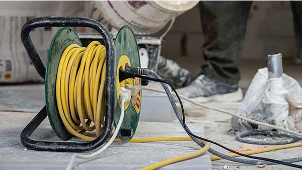 Yellow electric extension cord on a green spool. Four plugs are plugged into the extension cord depicting some of the general construction site hazards.