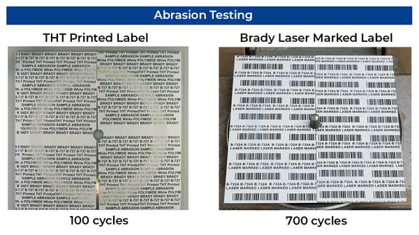 Abrasion Testing of a traditional thermal transfer printed label (100 cycles) vs. a laser marked label (700 cycles).