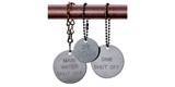 A main water shut off, DT 80-1, and sink shut off valve tag hanging from a steel pipe.