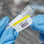 A person labeling a glass vial with a barcode.