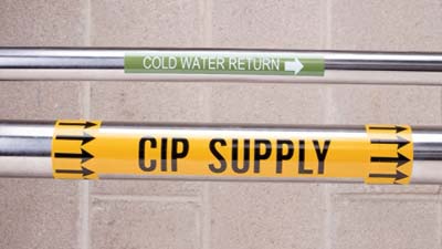 Stainless steel pipes labeled 'cold water return' and 'CIP supply.'