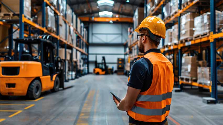 A man conducts a safety facility audit.