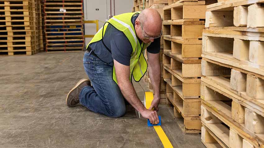 A worker applies ToughStripe Floor Tape to a floor using a squeegee.